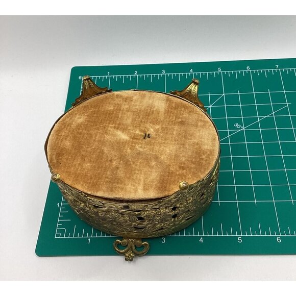 1920s Jewelry Casket Oval French Pierced Gilt Brass & Beveled Glass - Picture 7 of 8